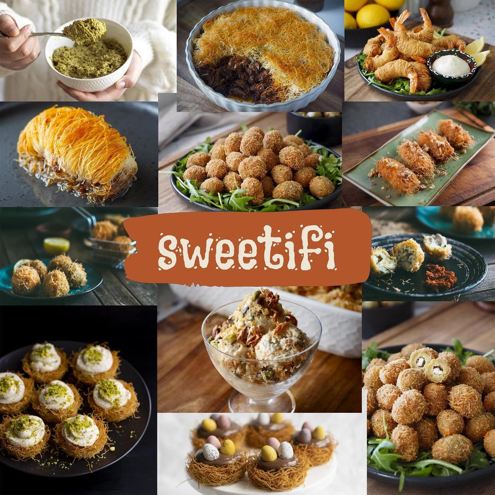 Sweetifi kataifi kunafa assembly plate highlighting delicate, flaky layers.