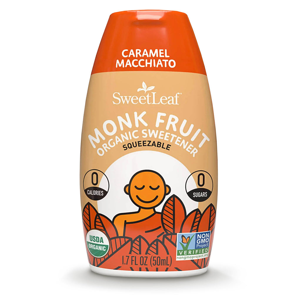 SweetLeaf caramel liquid monk fruit bottle adds zero-calorie sweetness