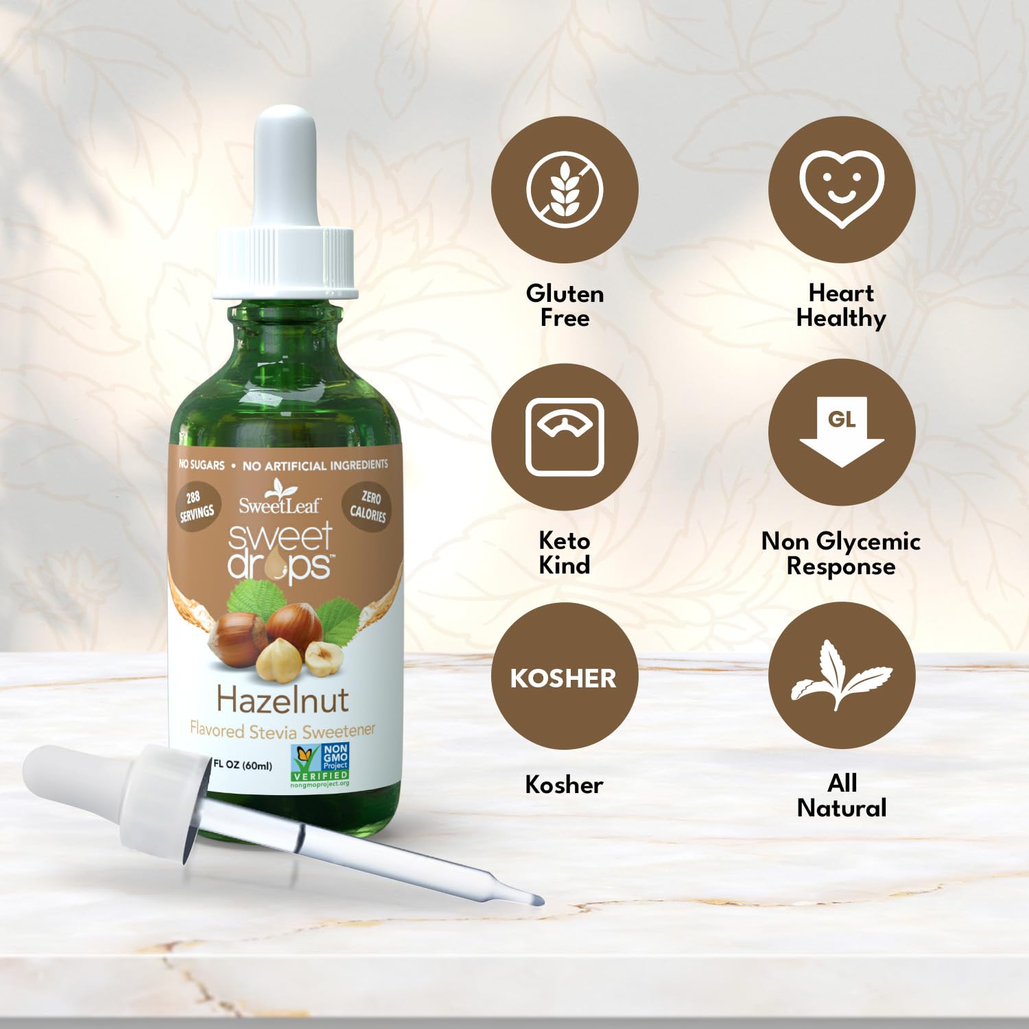 Ingredients label for SweetLeaf Hazelnut Sweet Drops notes natural flavor and zero calories.