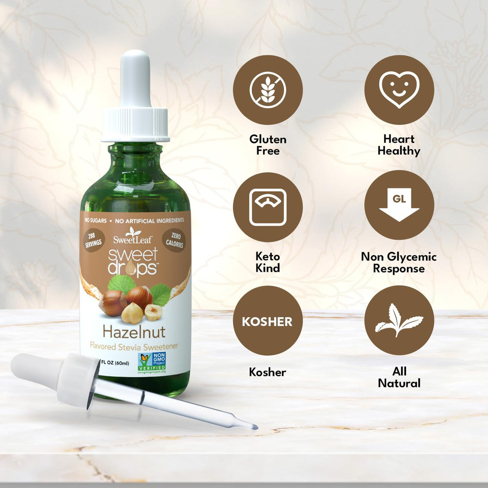 Ingredients label for SweetLeaf Hazelnut Sweet Drops notes natural flavor and zero calories.