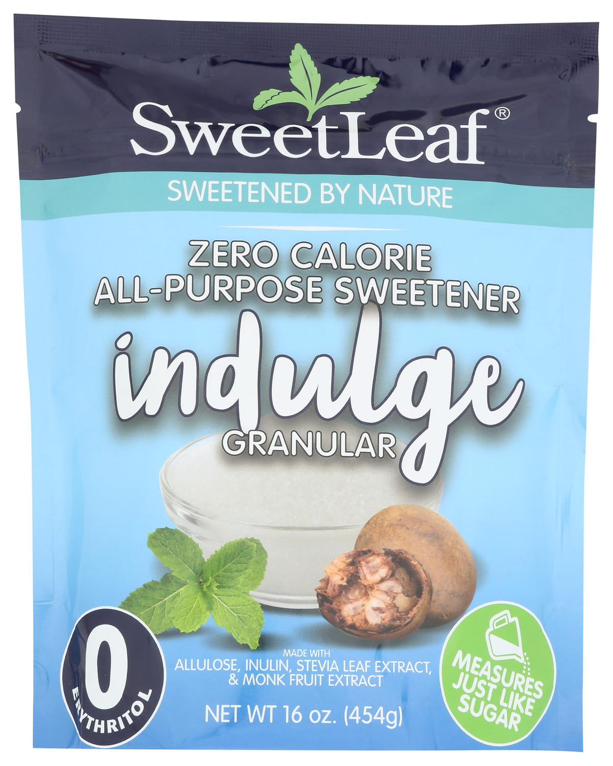 SweetLeaf Indulge bottle of granular sweetener ideal for sugar-free coffee and baking.