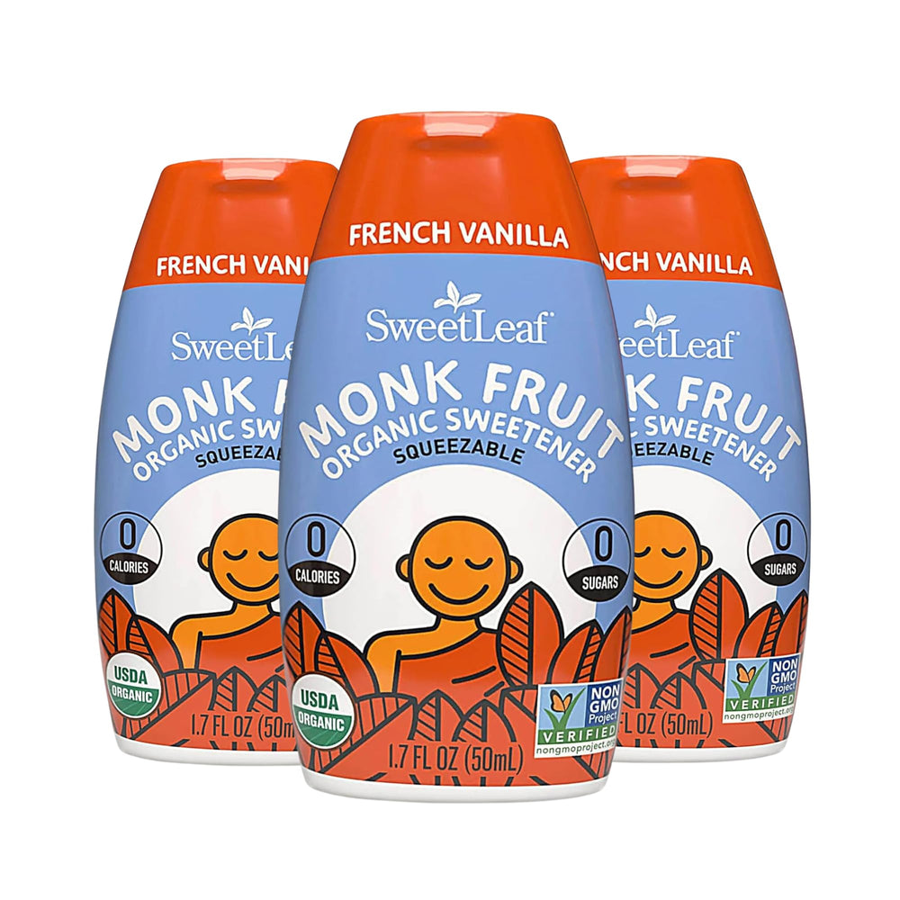SweetLeaf Liquid Monk Fruit bottle shown for zero-calorie sweetness in beverages.