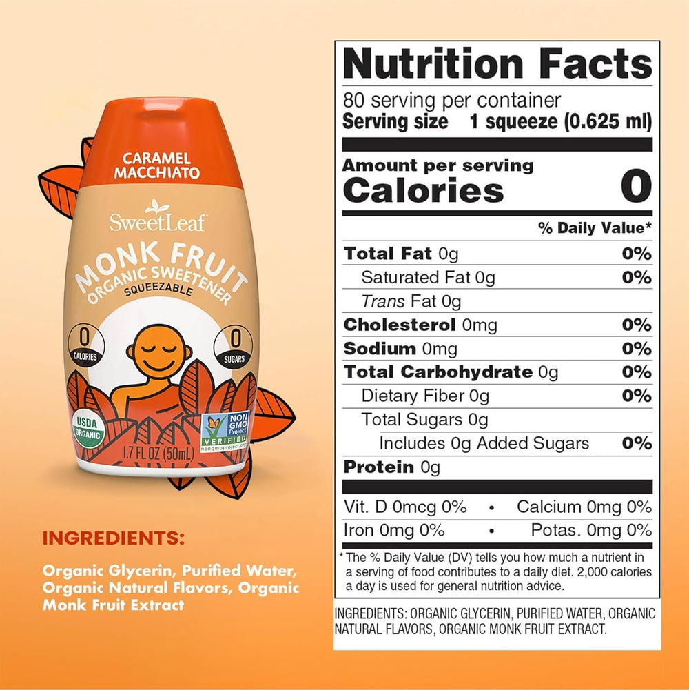 SweetLeaf monk fruit drops pour spout, convenient zero-calorie sweetening for on the go.
