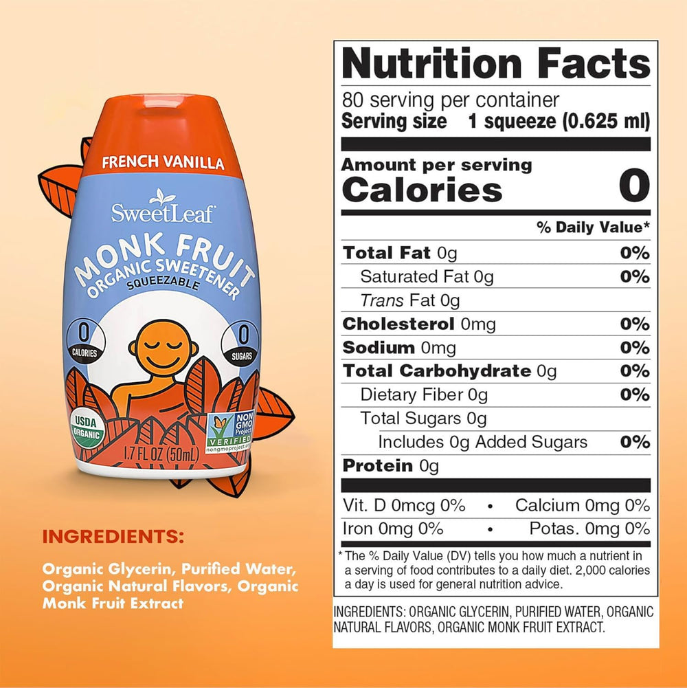 SweetLeaf liquid monk fruit drops pour for precise on-the-go sweetening.