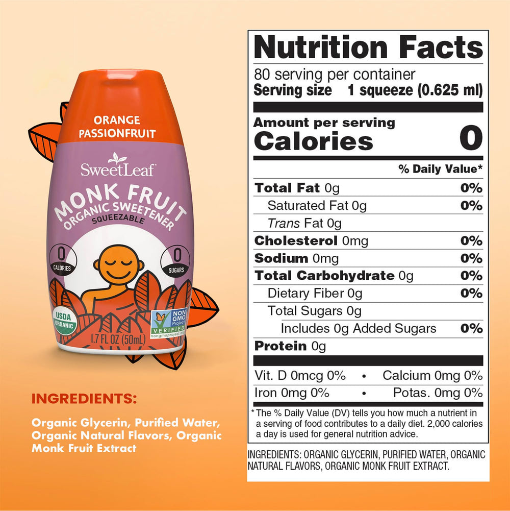 SweetLeaf orange-passionfruit drops pour closeup shows on-the-go flavor control.