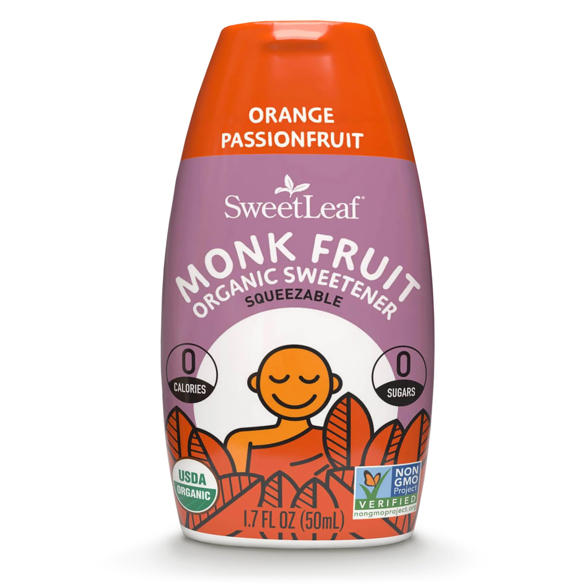 SweetLeaf orange-passionfruit liquid bottle provides zero-calorie sweetness for beverages.