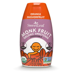 SweetLeaf orange-passionfruit liquid bottle provides zero-calorie sweetness for beverages.