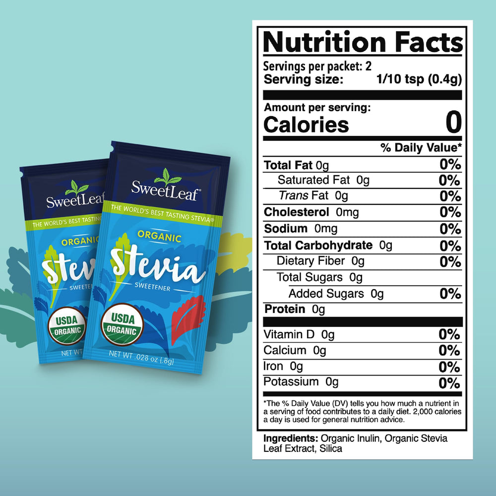 SweetLeaf Organic Stevia Packets back view, organic packaging and easy on-the-go use.