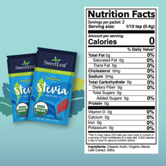 SweetLeaf Organic Stevia Packets back view, organic packaging and easy on-the-go use.