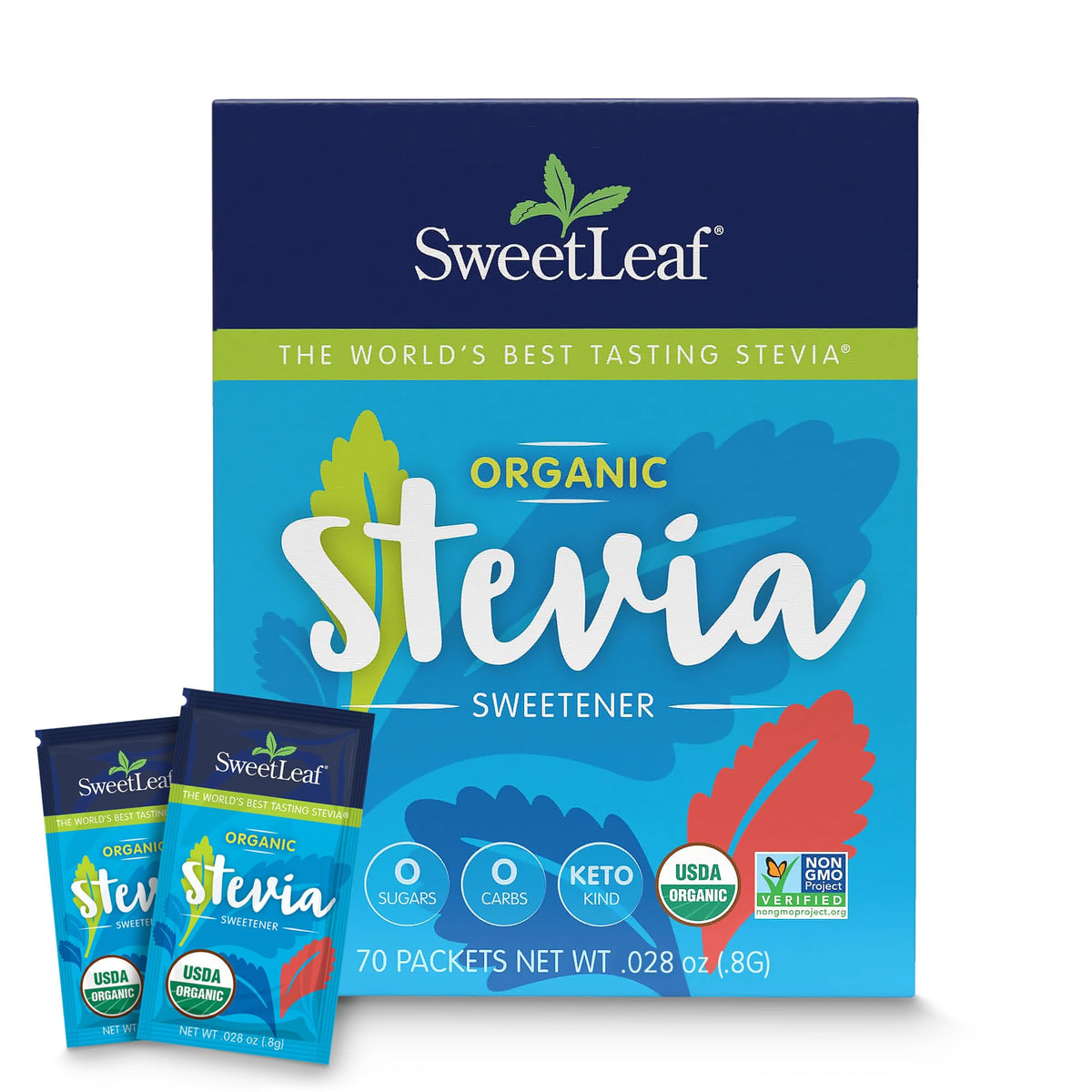 SweetLeaf Organic Stevia Packets front view, zero-calorie sweetness for daily beverages.