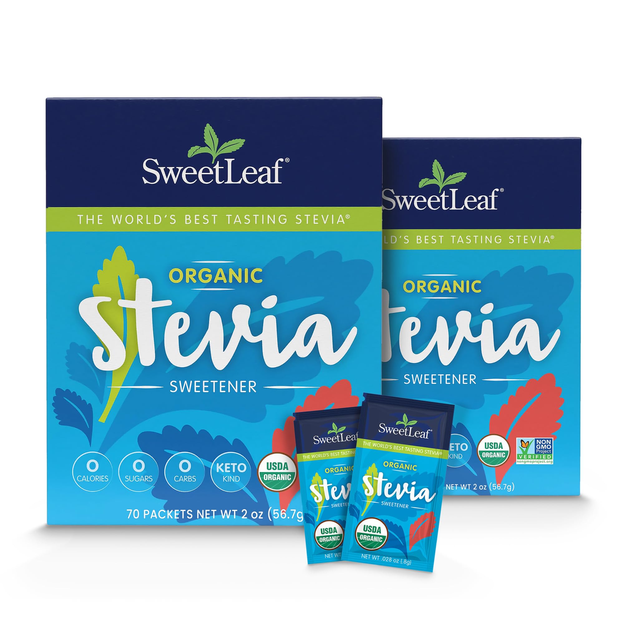 SweetLeaf organic stevia packets pack-2 beside the label for zero-calorie sweetness.