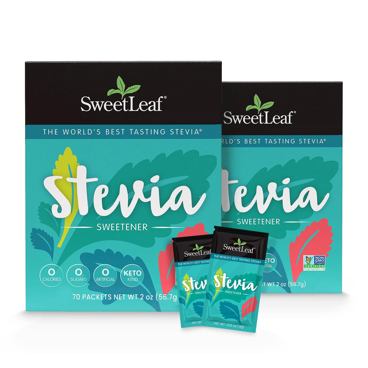 SweetLeaf Stevia Packets packaging highlighting convenient zero calorie sweetness