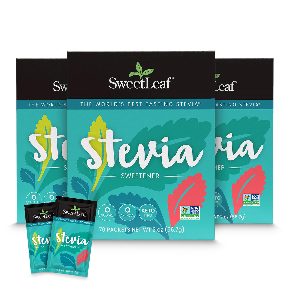 SweetLeaf stevia packets on a counter for zero calorie sweetness in coffee and tea.