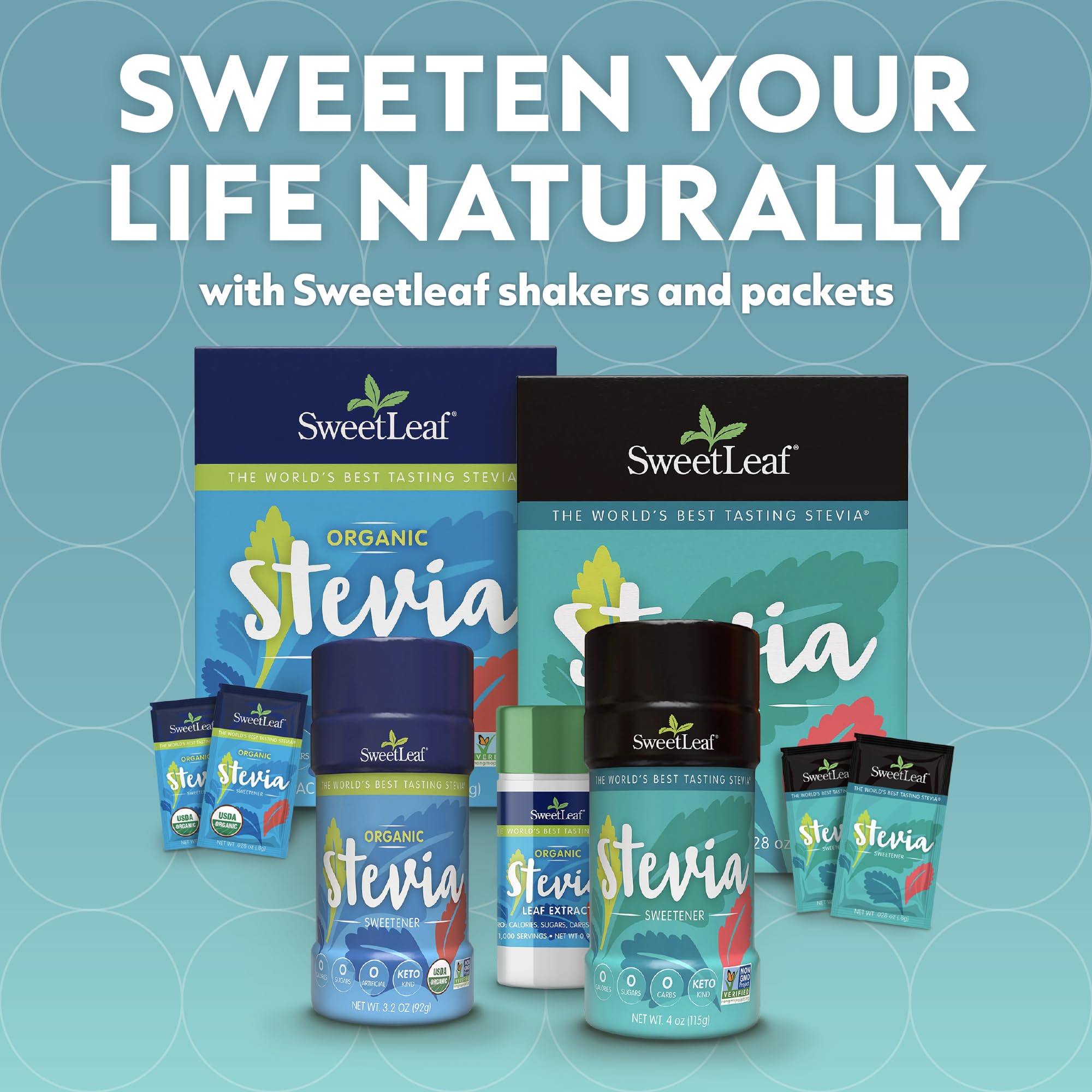 SweetLeaf stevia powder bottle on kitchen counter for everyday use