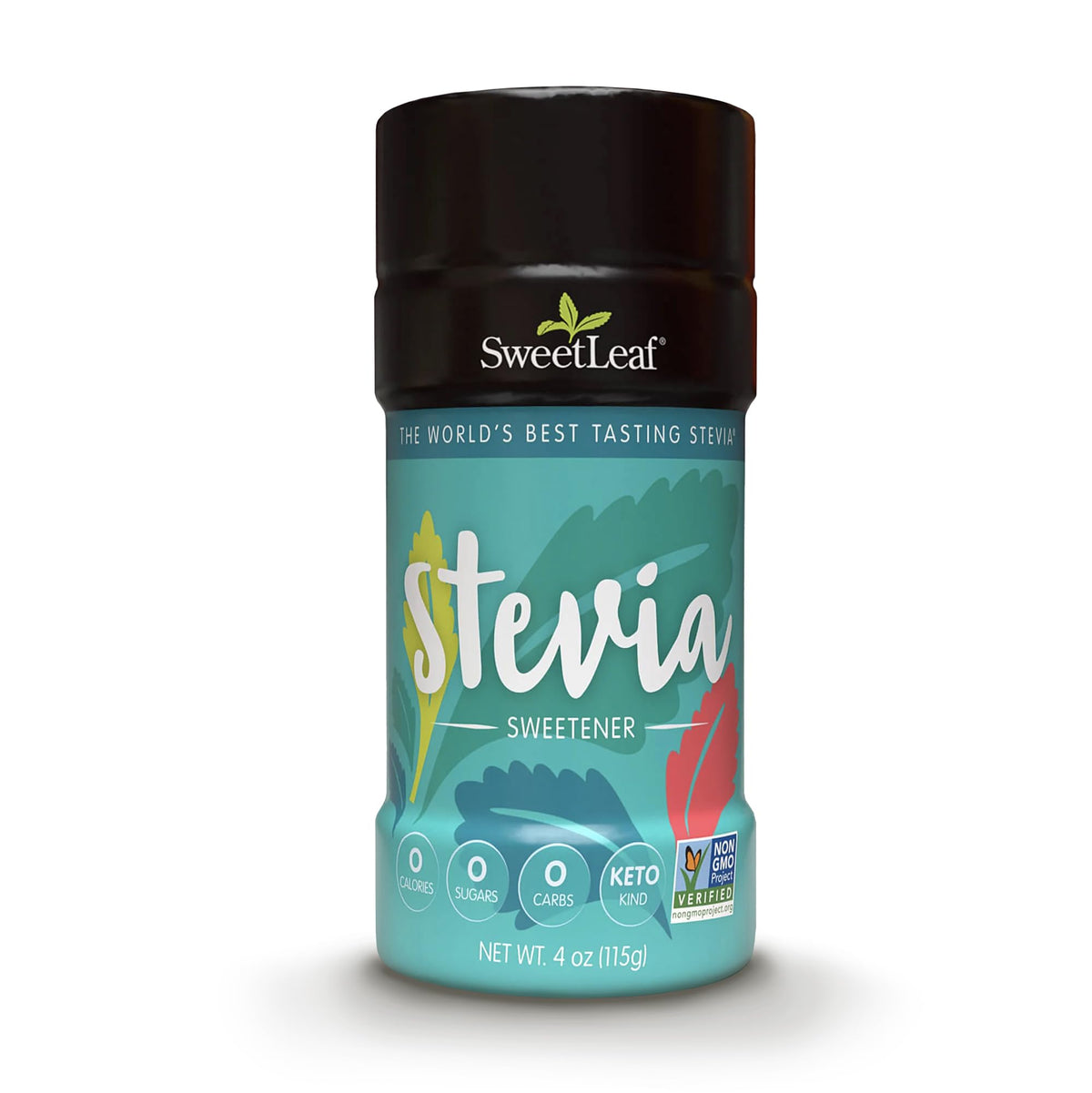 SweetLeaf stevia powder shaker cap closeup showing zero calorie sweetness