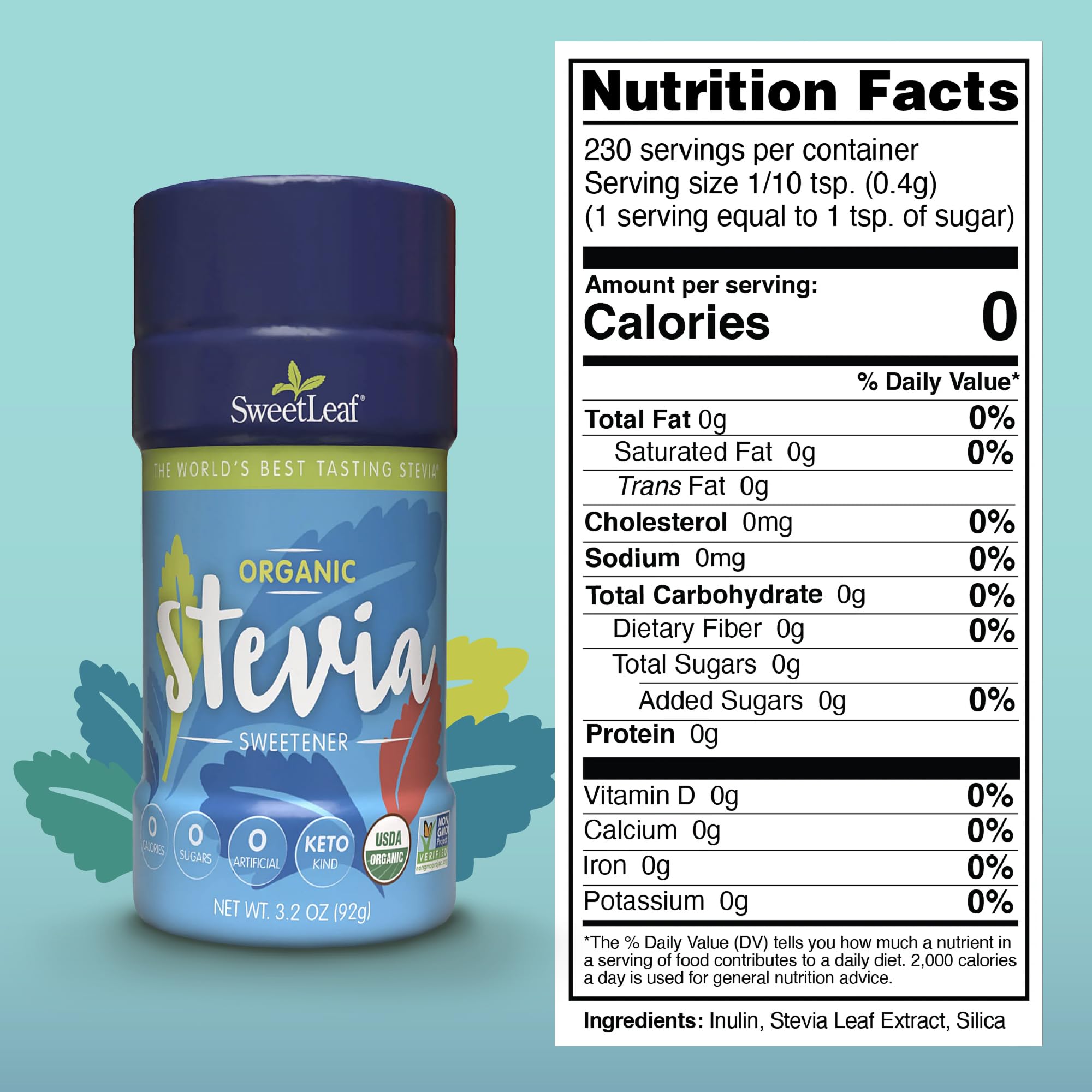 SweetLeaf Stevia Shaker Jar on a kitchen shelf showing organic packaging.