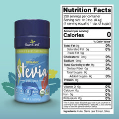 SweetLeaf Stevia Shaker Jar on a kitchen shelf showing organic packaging.