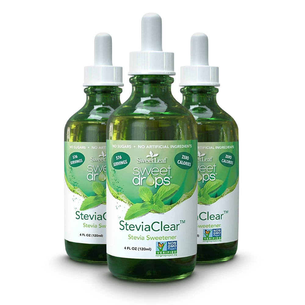 SweetLeaf SteviaClear bottle pour showing zero-calorie sweetness for beverages.