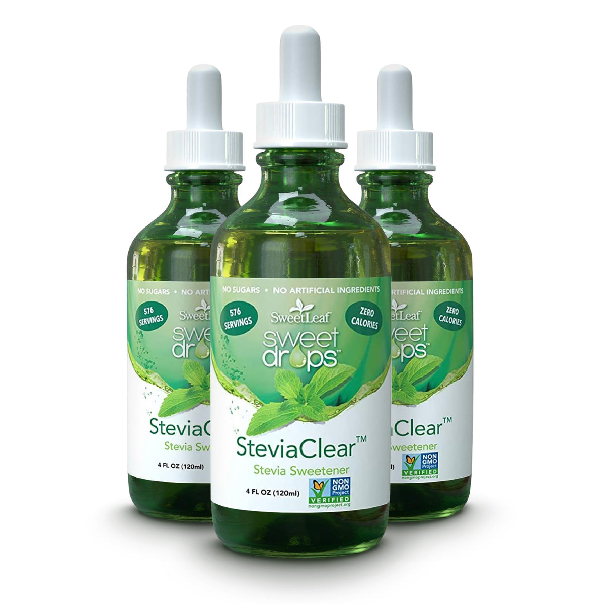 SweetLeaf SteviaClear bottle pour showing zero-calorie sweetness for beverages.