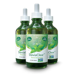 SweetLeaf SteviaClear bottle pour showing zero-calorie sweetness for beverages.