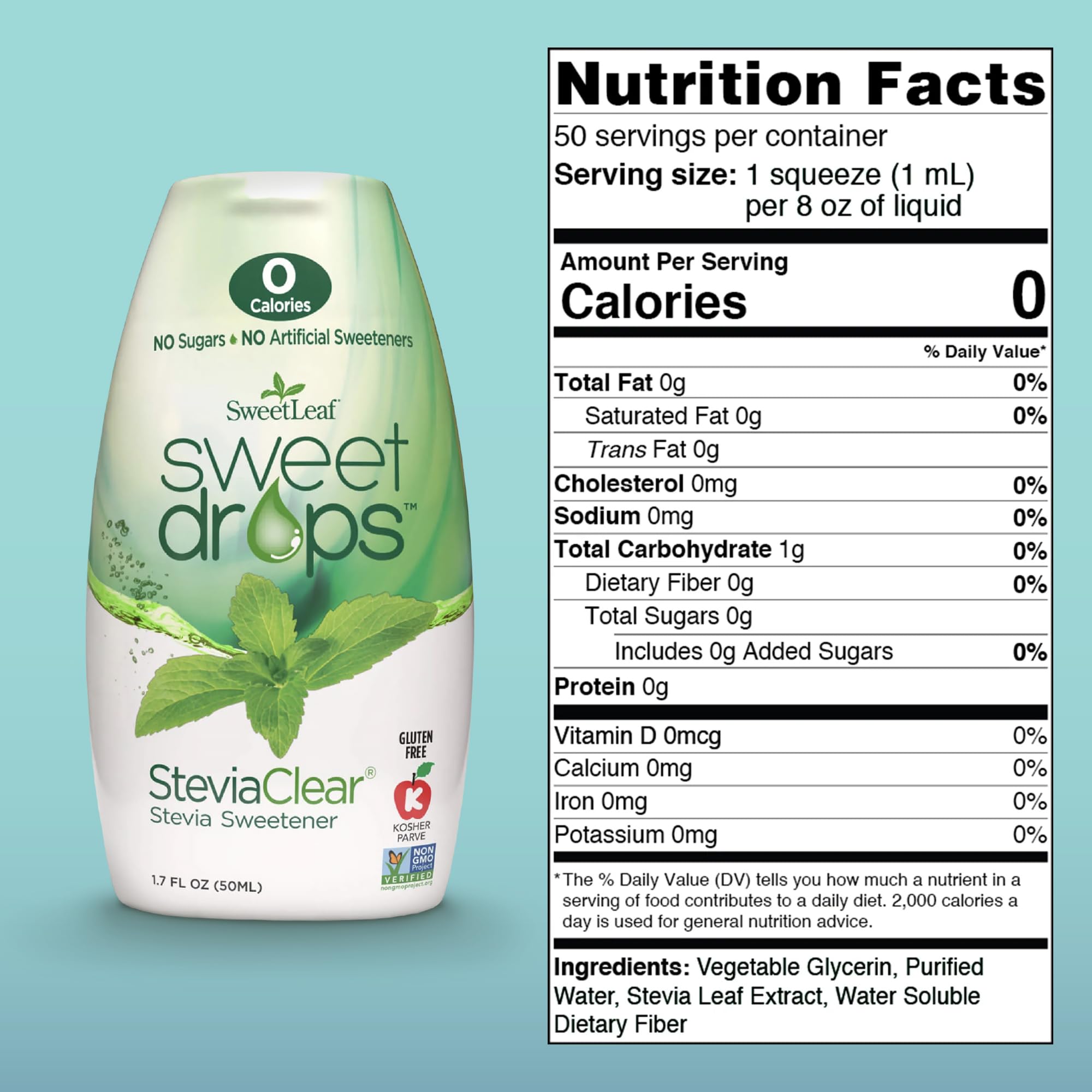SweetLeaf SteviaClear squeezable drops for quick, portable sweetness.