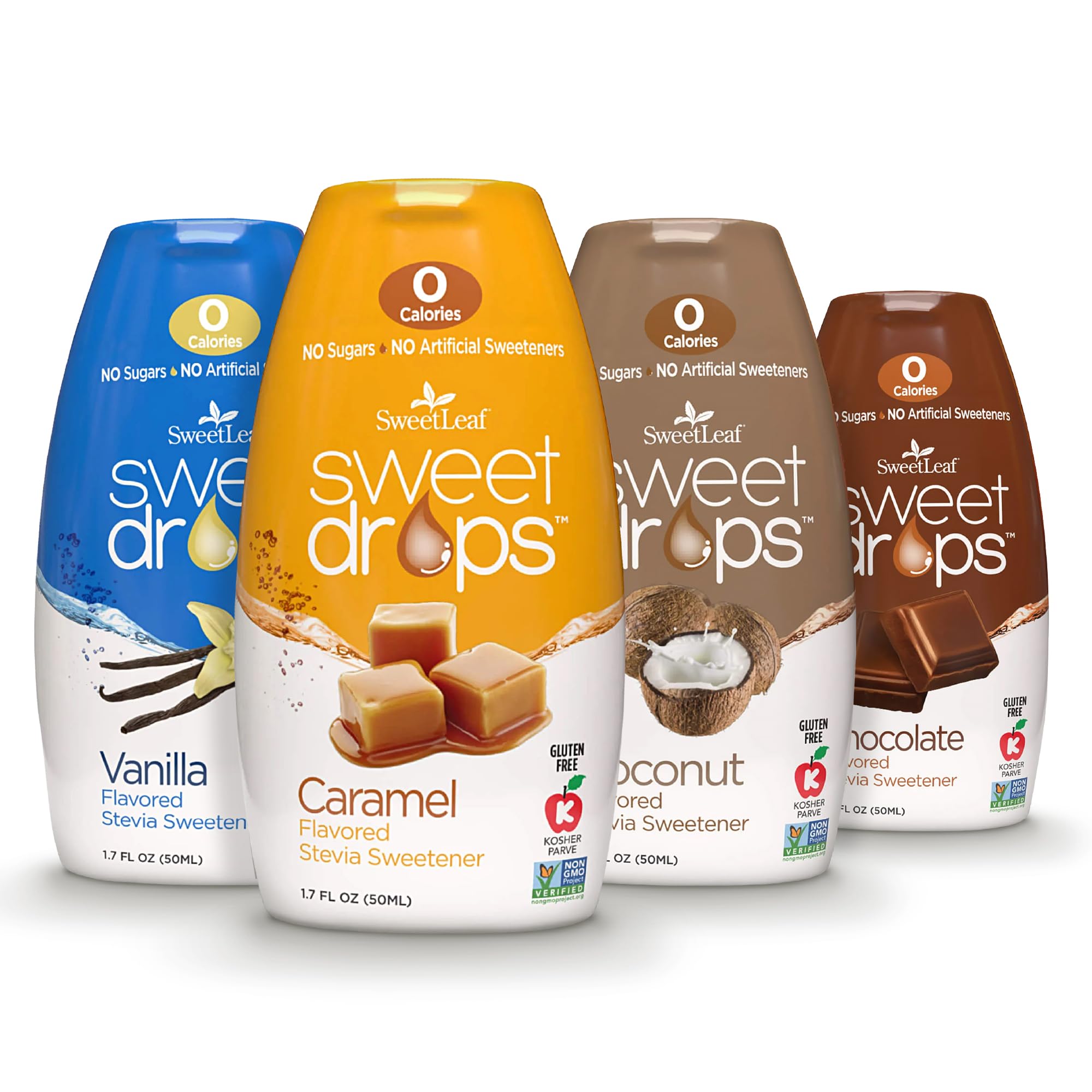 SweetLeaf Sweet Drops bottle front with zero calories and flavor variety.