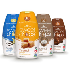 SweetLeaf Sweet Drops bottle front with zero calories and flavor variety.