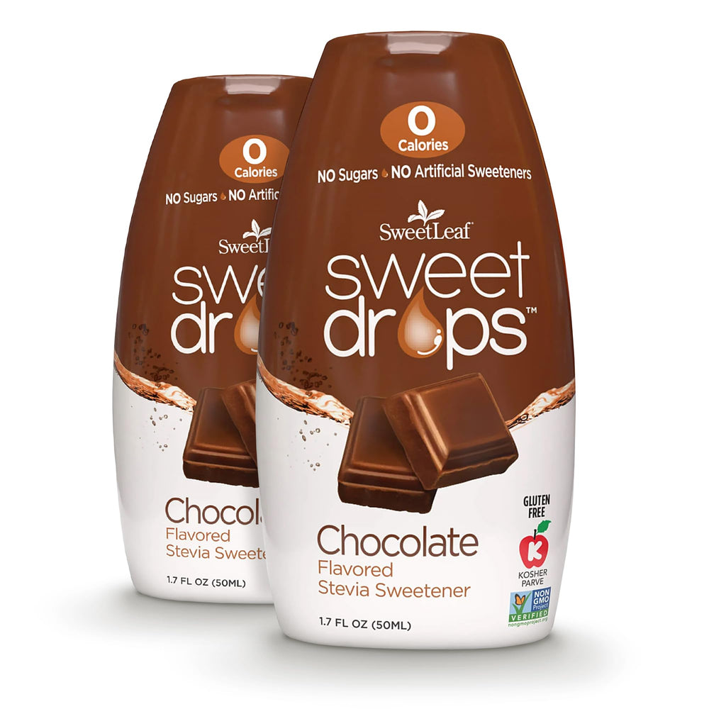 SweetLeaf Sweet Drops bottle being poured, adding zero-calorie chocolate flavor to drinks.
