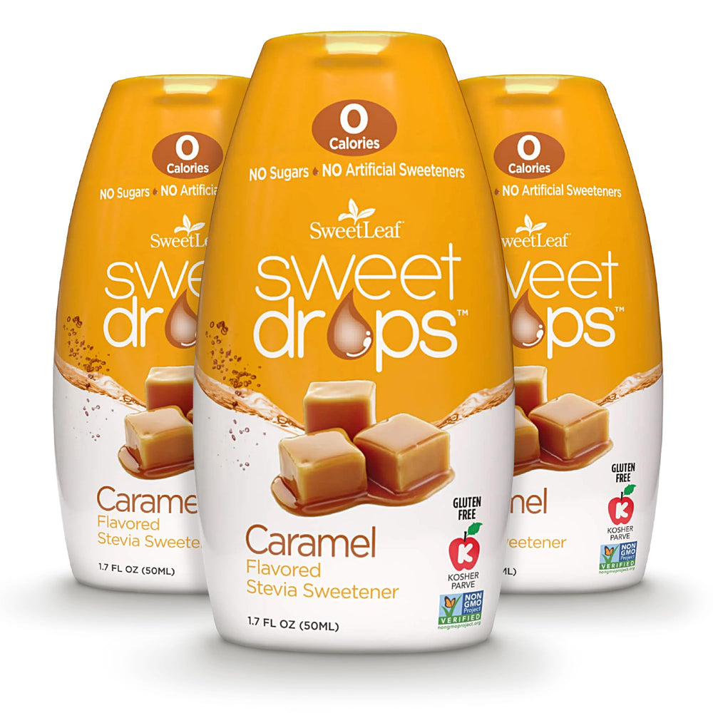 SweetLeaf Sweet Drops caramel bottle being poured for zero-calorie sweetness in coffee