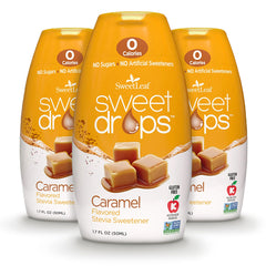 SweetLeaf Sweet Drops caramel bottle being poured for zero-calorie sweetness in coffee