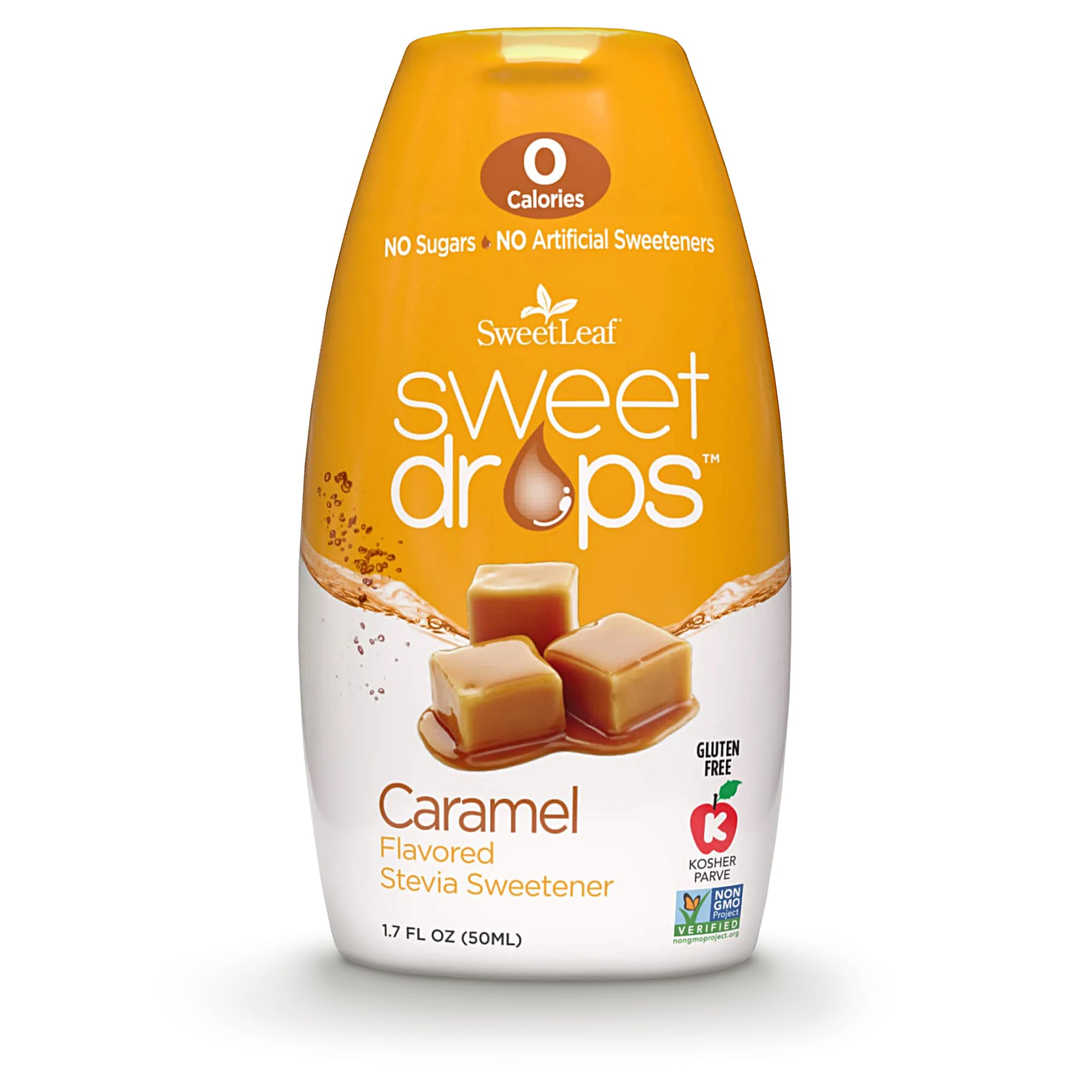 SweetLeaf Sweet Drops Caramel bottle close-up for zero-calorie flavor in coffee