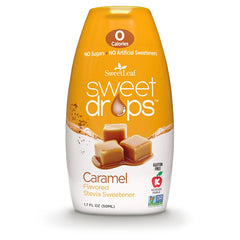 SweetLeaf Sweet Drops Caramel bottle close-up for zero-calorie flavor in coffee