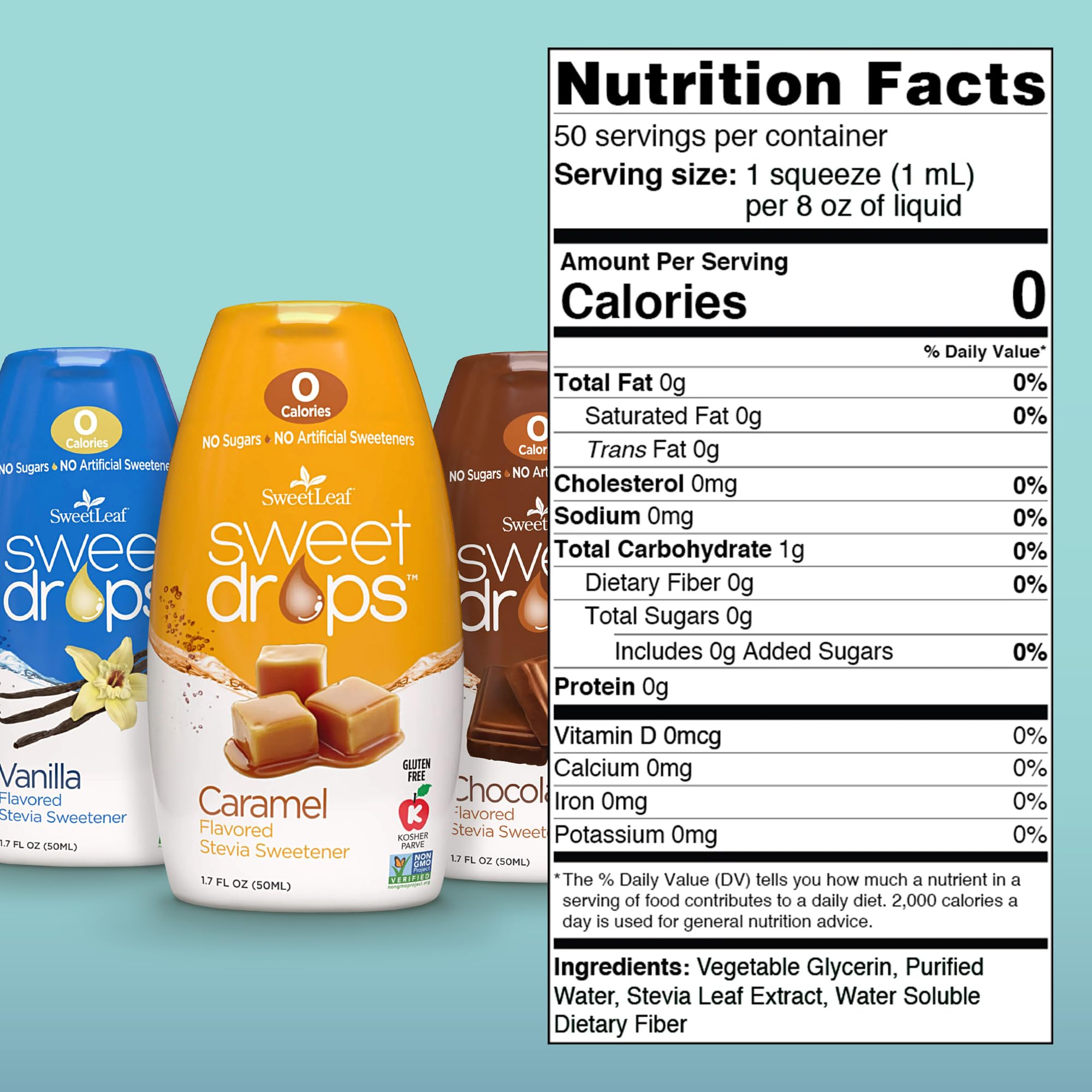SweetLeaf Sweet Drops caramel bottle delivers sugar-free sweetness for desserts