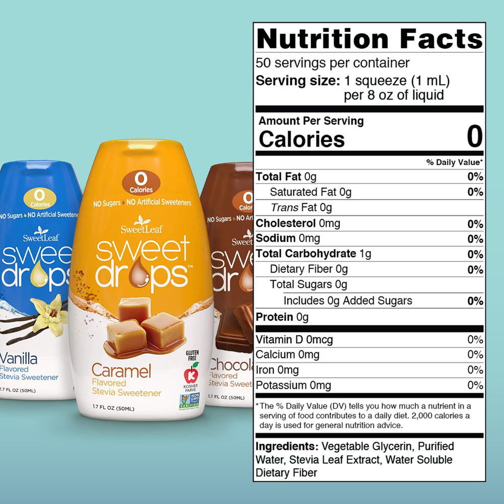SweetLeaf Sweet Drops caramel bottle delivers sugar-free sweetness for desserts