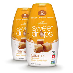 SweetLeaf Sweet Drops caramel bottle for zero calorie sweetness in beverages.