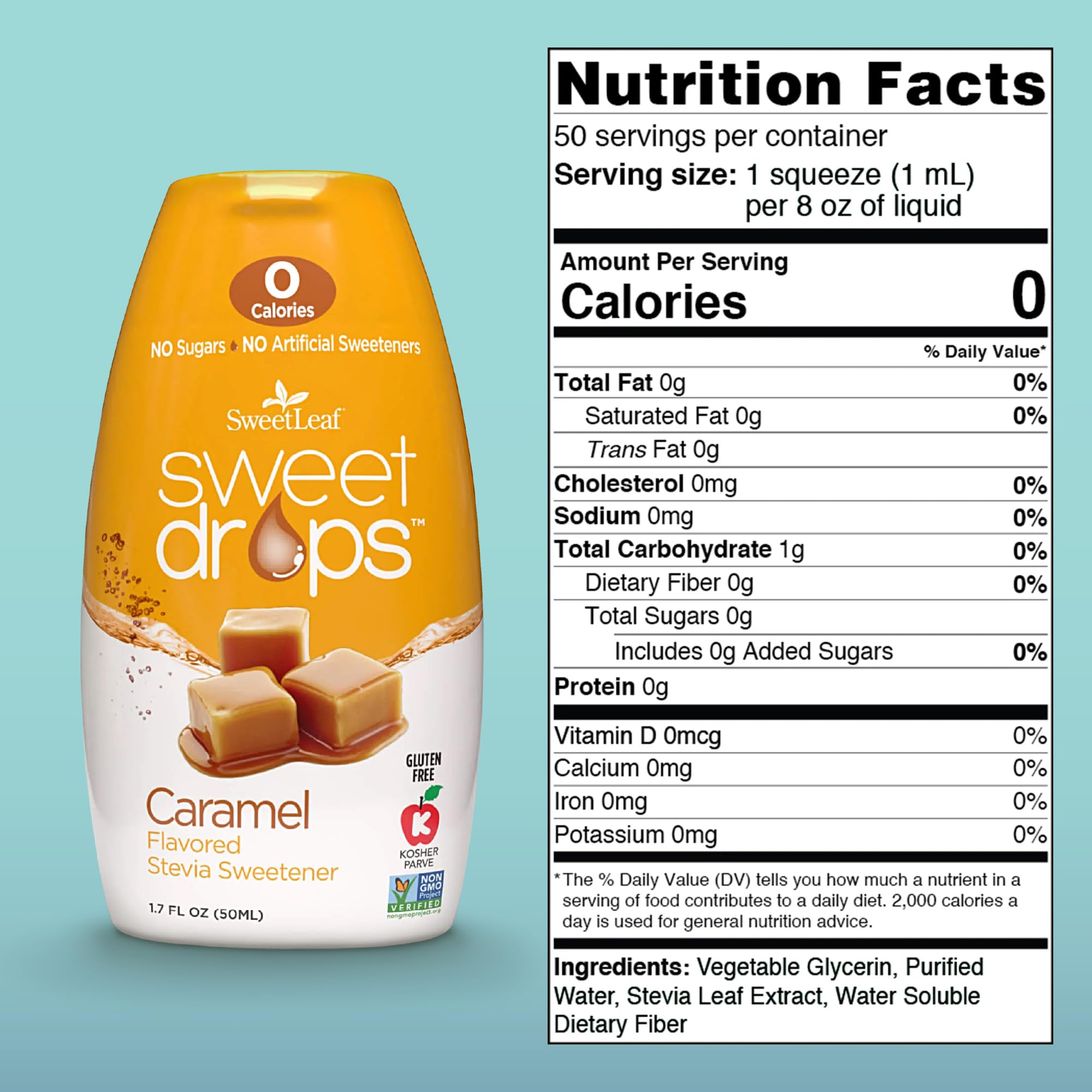 SweetLeaf Sweet Drops Caramel pour showing on-the-go sweetness without sugar