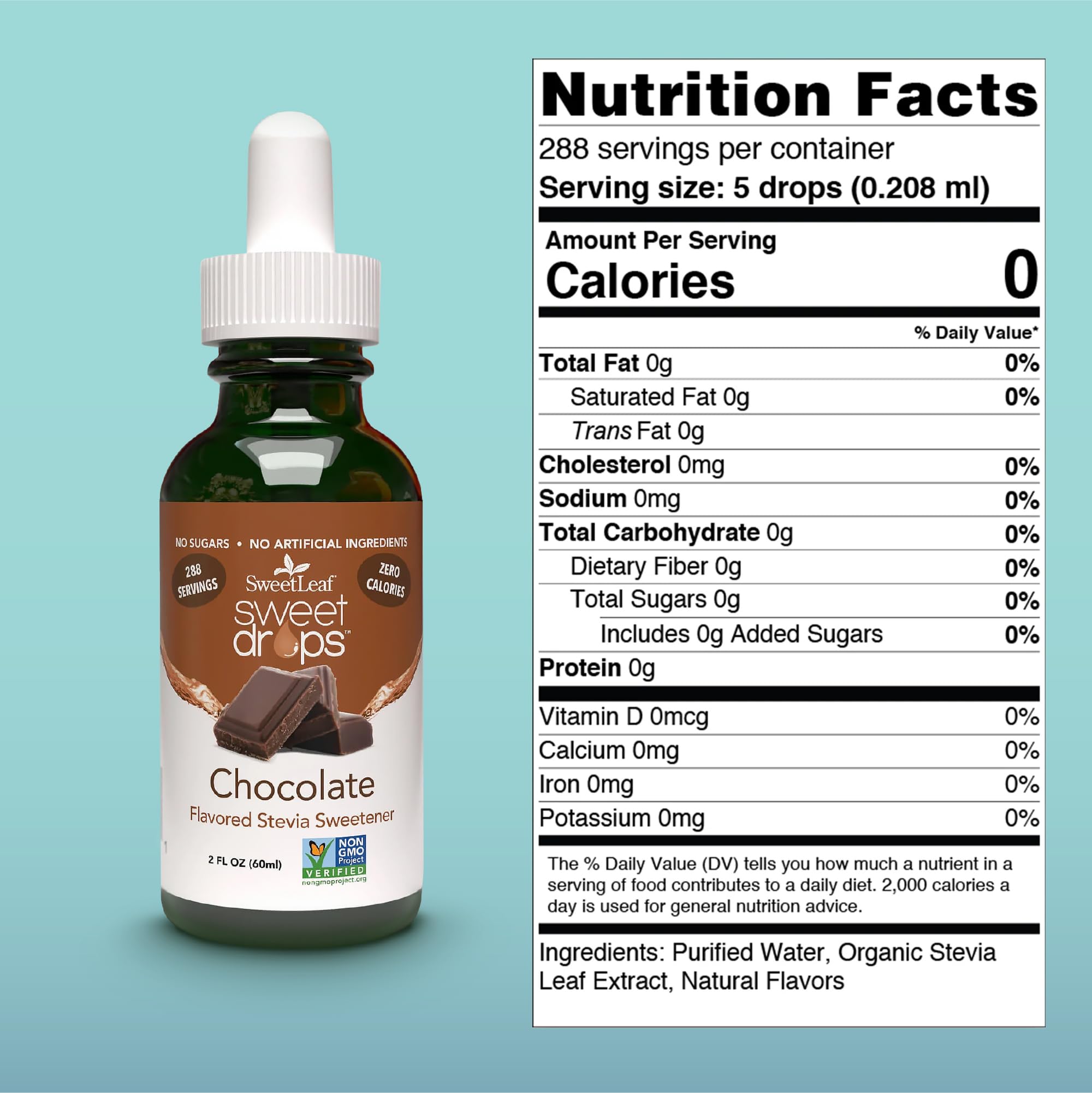 SweetLeaf Sweet Drops chocolate bottle pour, convenient zero-calorie flavor for coffee