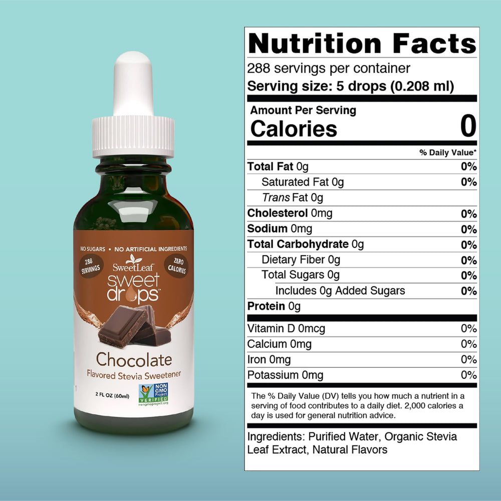 SweetLeaf Sweet Drops chocolate bottle pour, convenient zero-calorie flavor for coffee