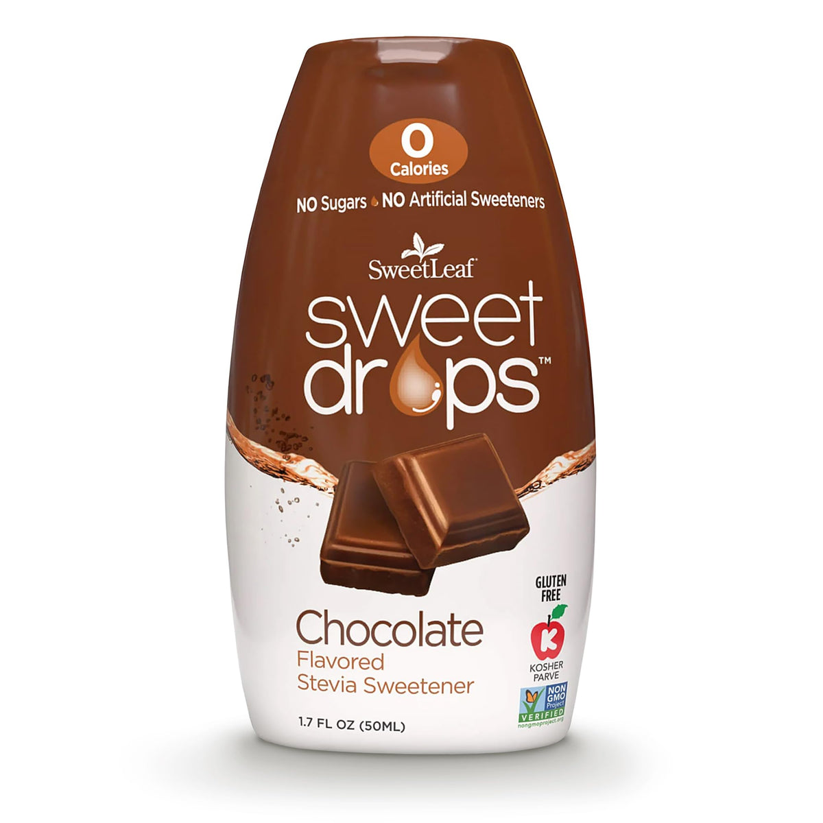 SweetLeaf Sweet Drops Chocolate bottle shows zero calorie flavoring option.