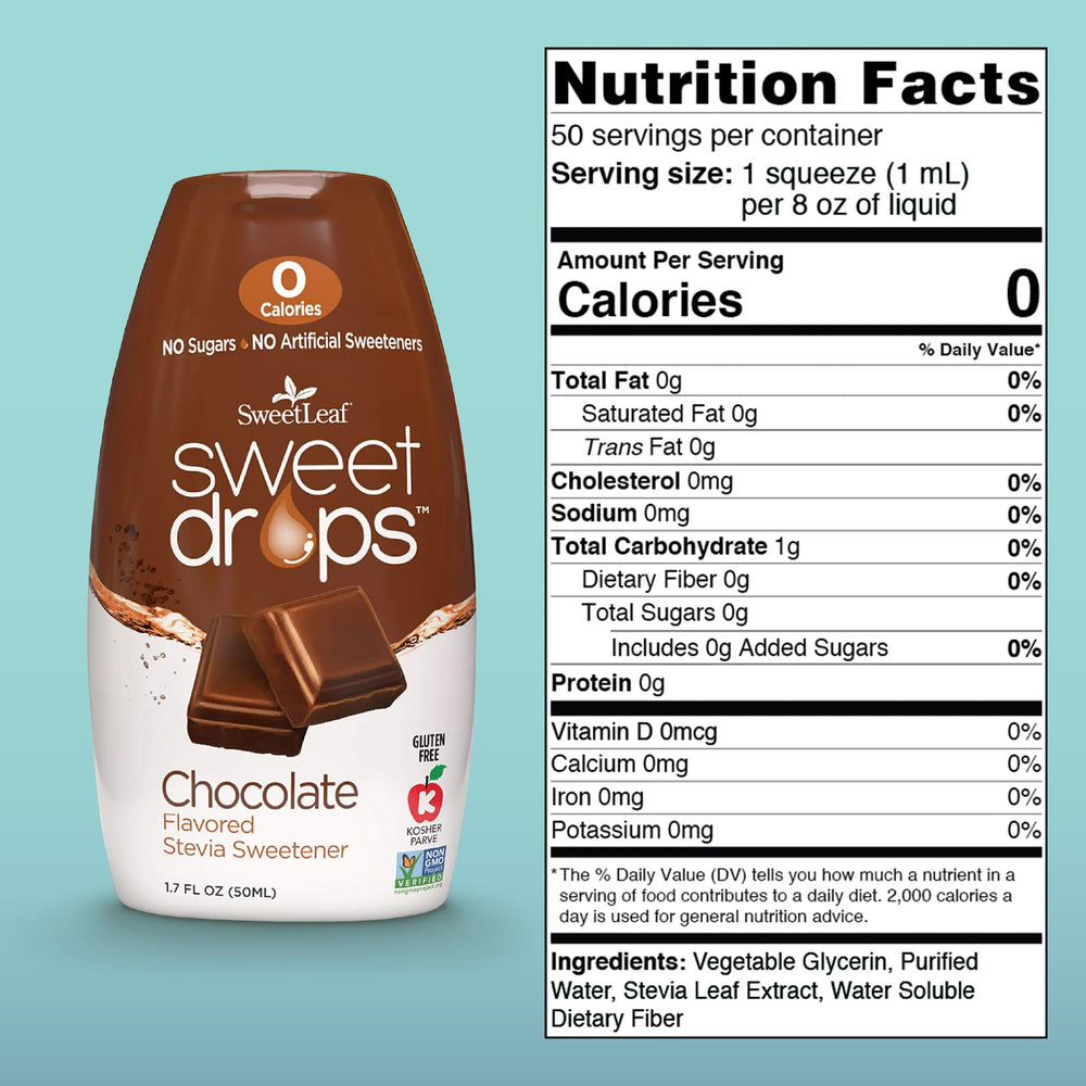 SweetLeaf Sweet Drops close-up showing chocolate flavor and natural ingredients.