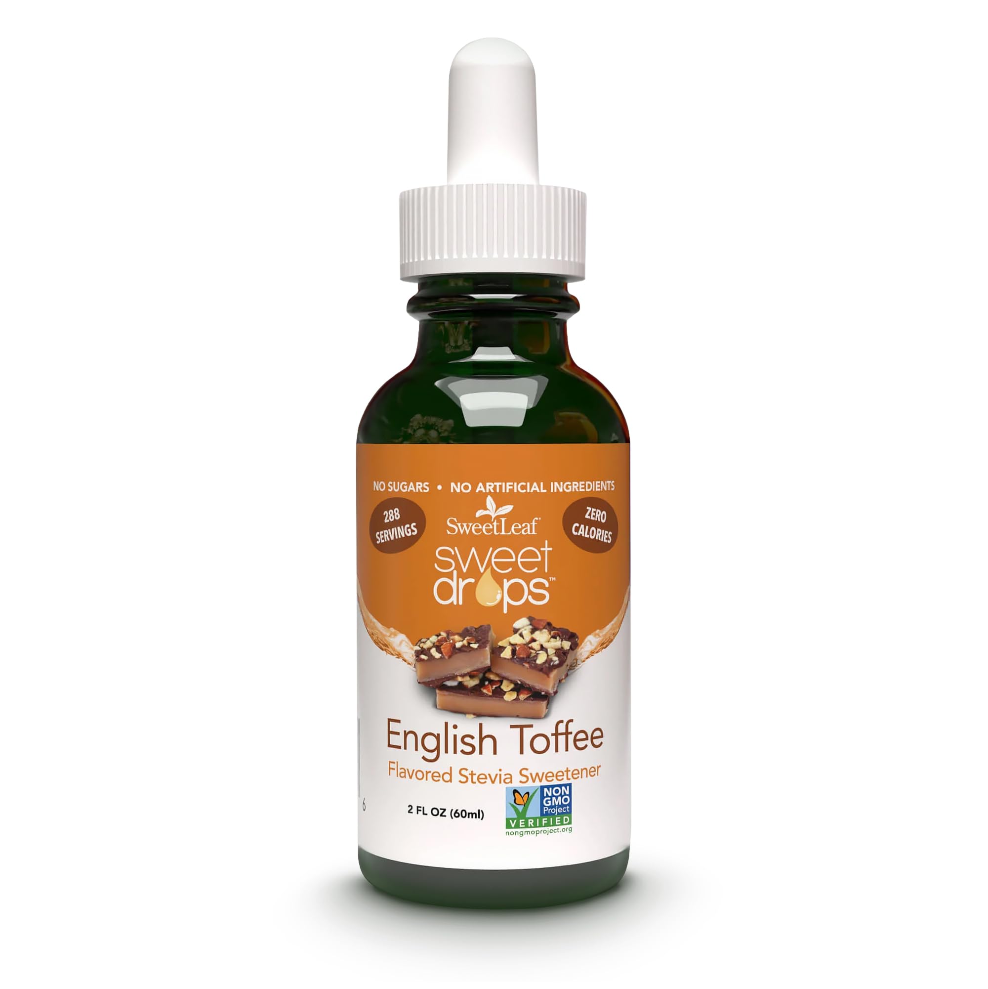 SweetLeaf Sweet Drops English Toffee bottle for zero-calorie flavoring in beverages.