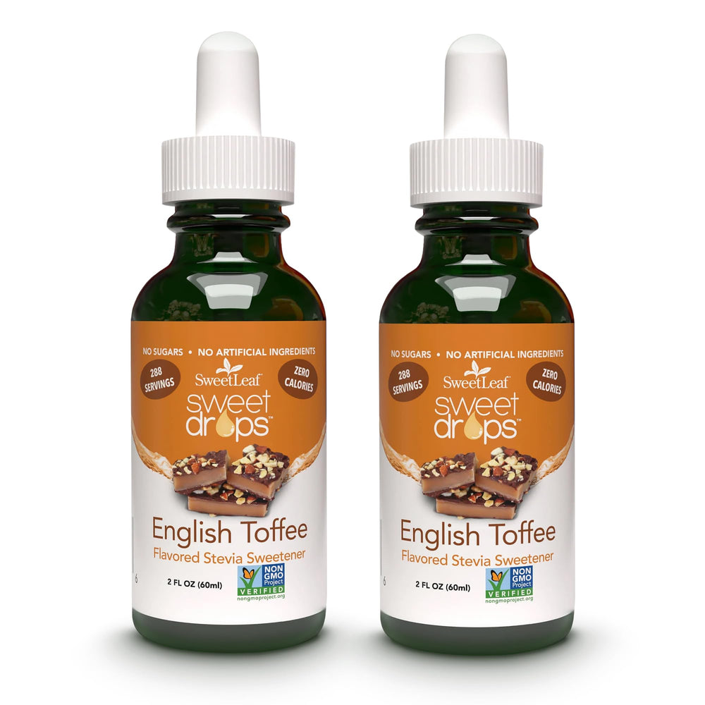 SweetLeaf Sweet Drops English Toffee bottle showcases zero-calorie sweetness.