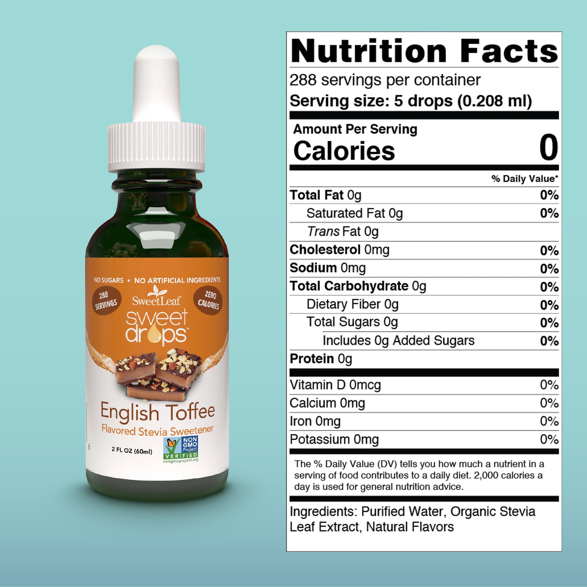 Close-up of SweetLeaf Sweet Drops English Toffee drops showing natural flavoring.