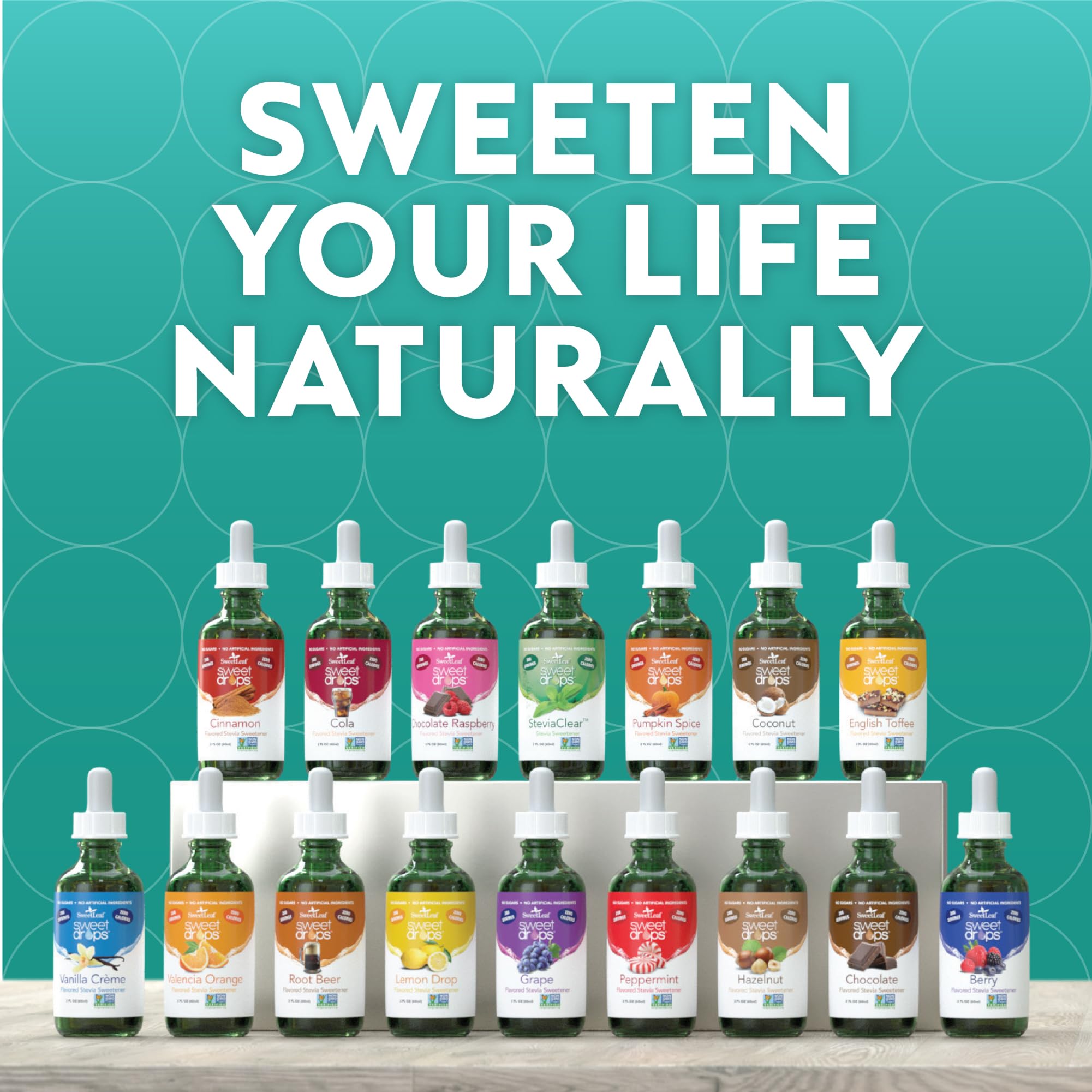 SweetLeaf Sweet Drops glass-water shows zero calories, a simple addition to hydration.