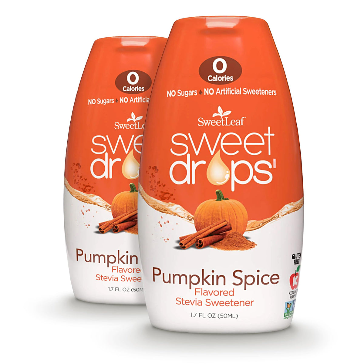 SweetLeaf Sweet Drops pumpkin spice bottle showing zero calories and natural flavor.