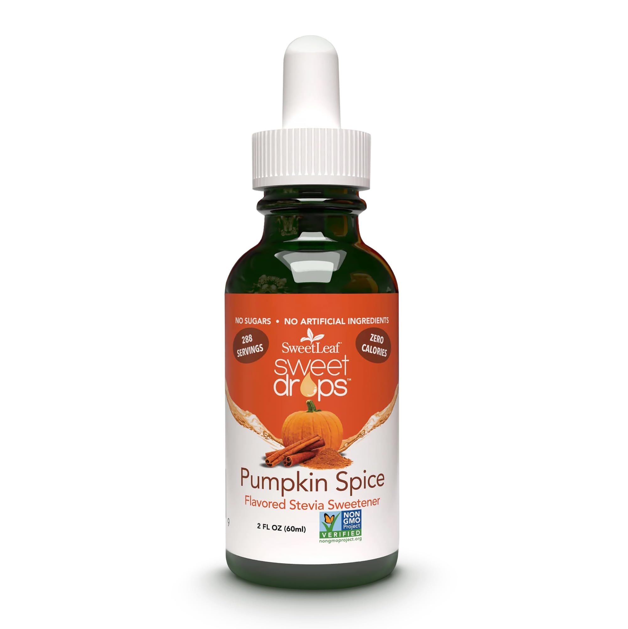 SweetLeaf Sweet Drops pumpkin spice bottle for zero-calorie flavoring in beverages.