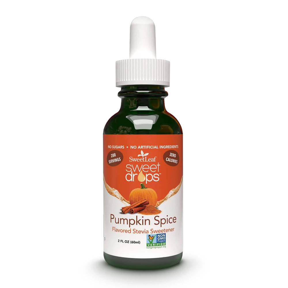 SweetLeaf Sweet Drops pumpkin spice bottle for zero-calorie flavoring in beverages.