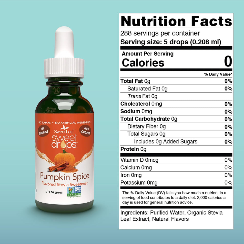 Pouring SweetLeaf pumpkin spice drops for sugar-free coffee enhancement.