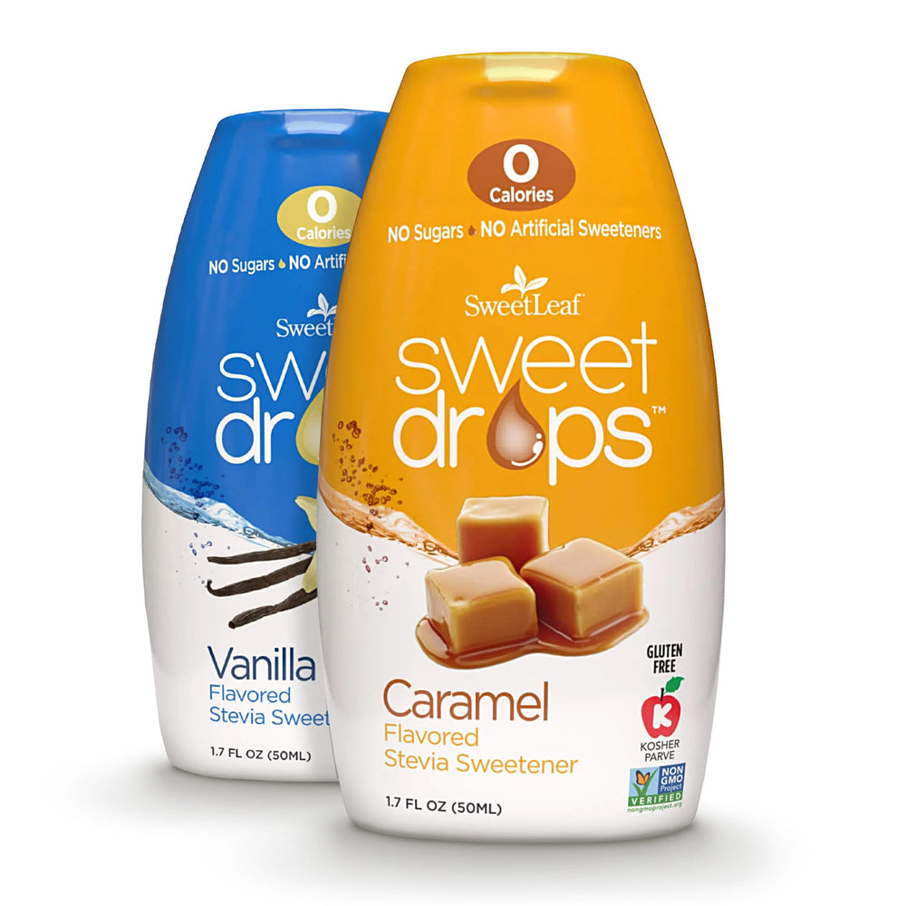 SweetLeaf Sweet Drops vanilla bottle provides zero-calorie sweetness for coffee and beverages.