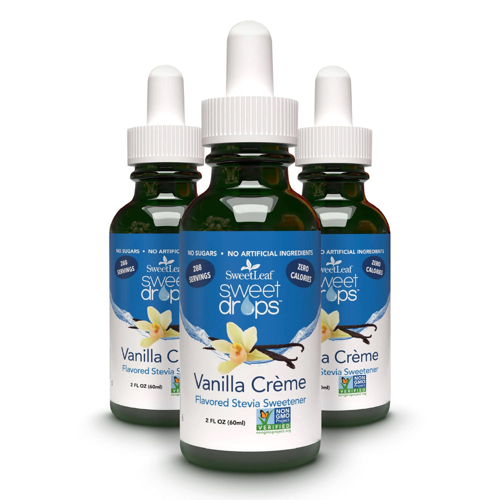 SweetLeaf Vanilla Creme Sweet Drops bottle shows zero-calorie flavor for everyday sweetness